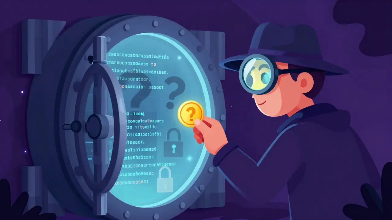 Detective inspecting a transparent smart contract vault for security risks