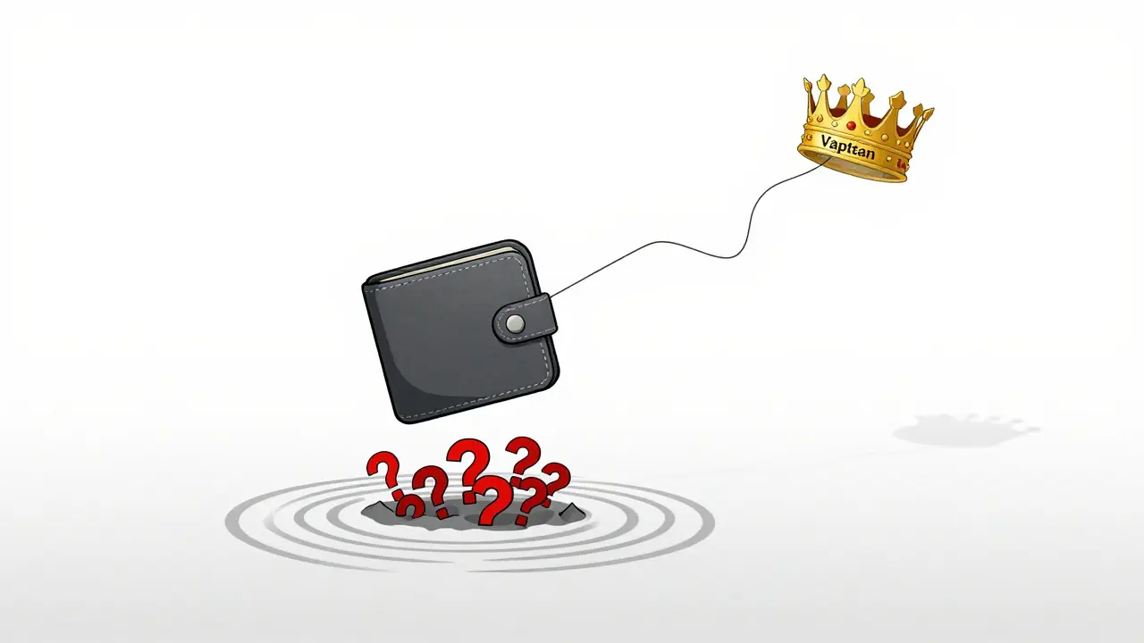 Empty wallet floating near a distant crown, symbolizing lack of Vatican endorsement