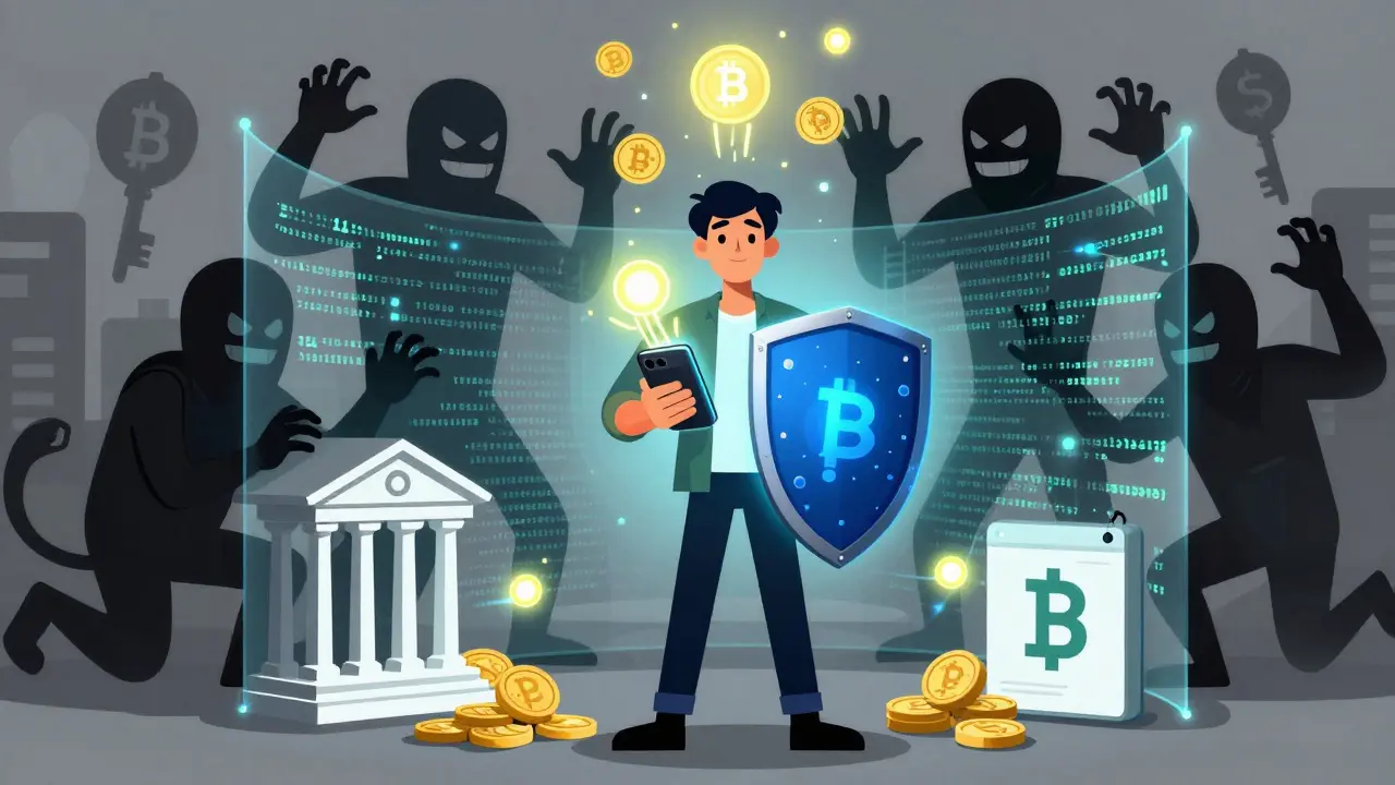 Founder holding hardware wallet shield against abstract bank shadows