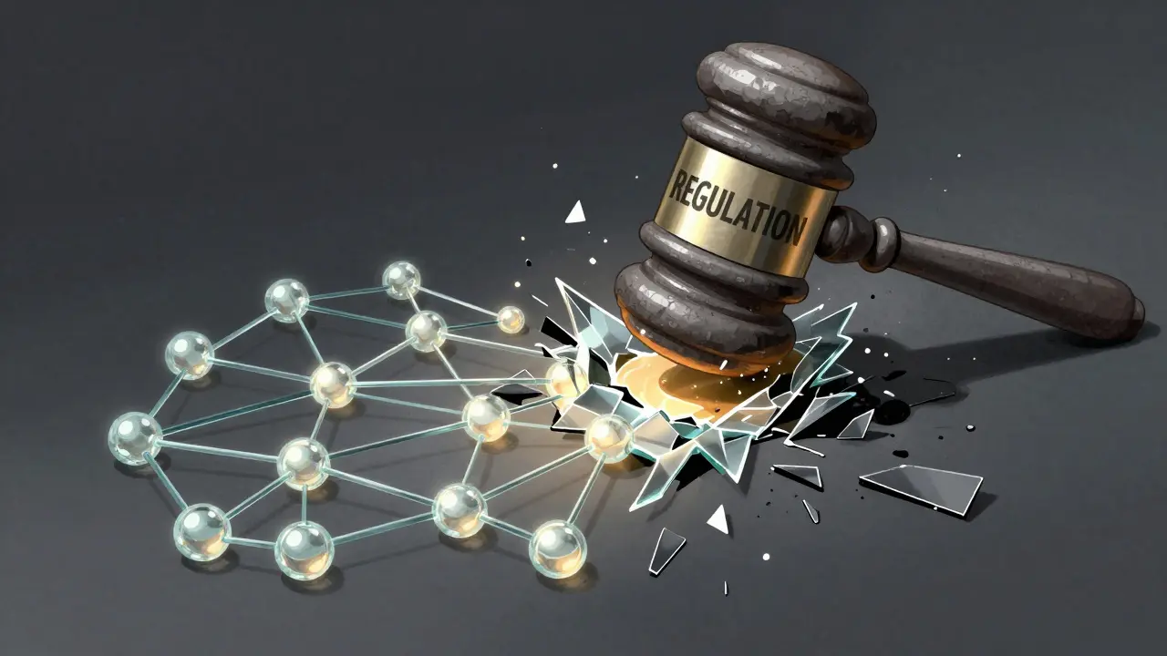 Heavy gavel shatters glass exchange network into compliant and scattered fragments.