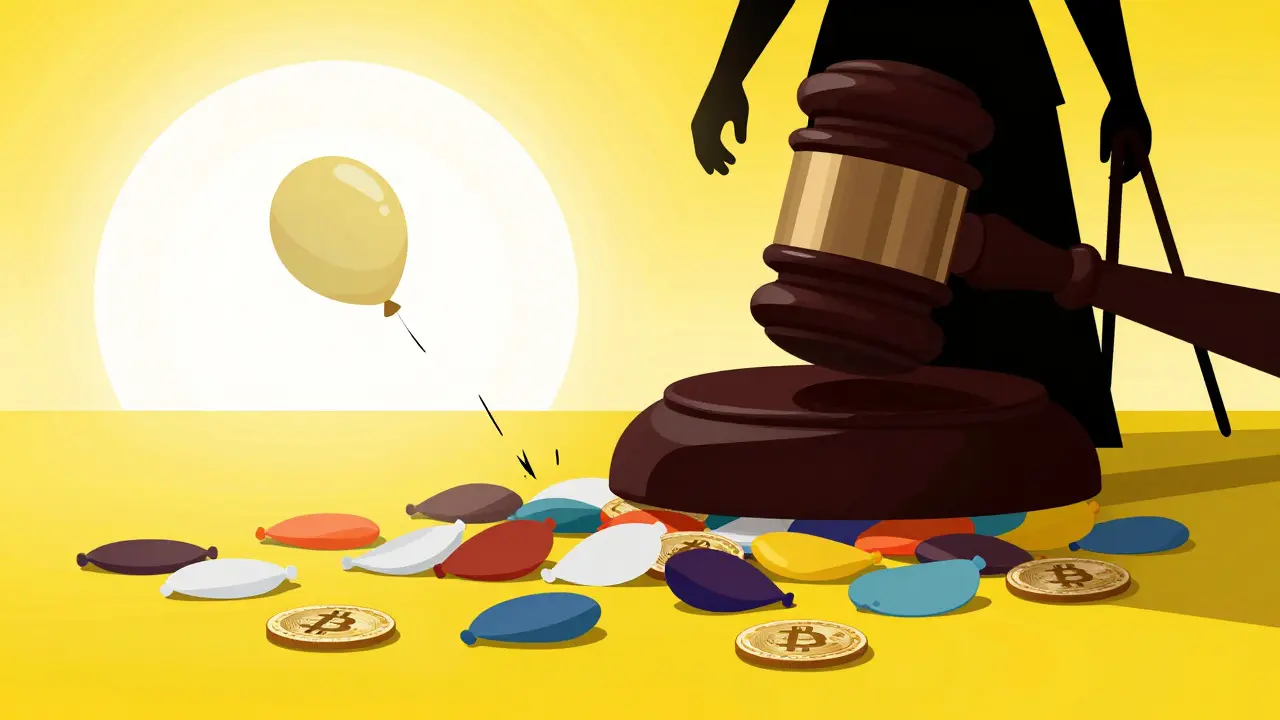 Illustration of a gavel shadow looming over deflating crypto balloons