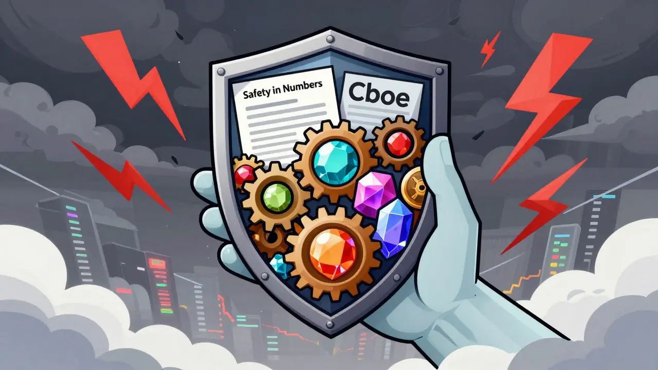 Illustration of a protective shield guarding crypto assets from market chaos.