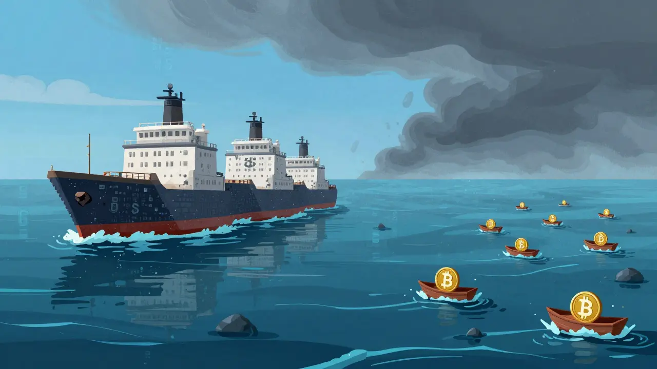 Illustration of large ships on calm waters vs small boats in rough seas, representing liquidity depth in DeFi.