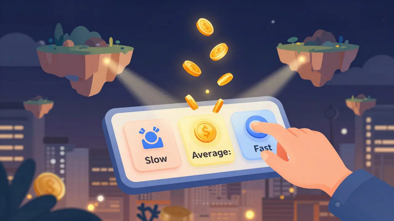 Illustration of selecting economical fee tiers on a futuristic blockchain dashboard.