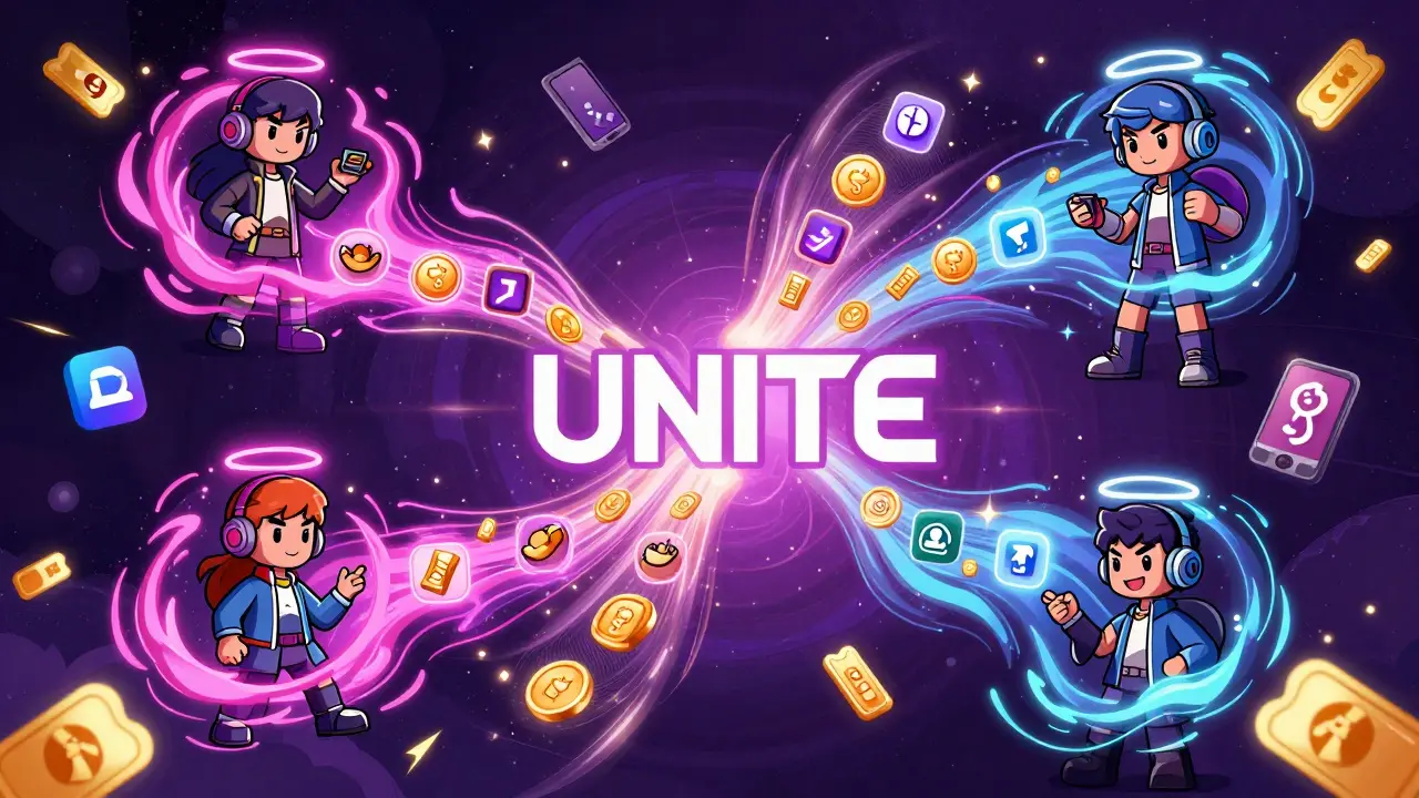 Interconnected gamer avatars merging stats into a unified energy stream