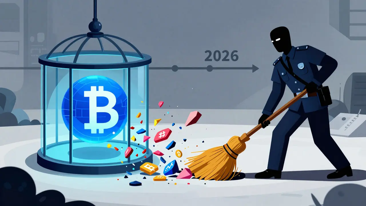 Mechanical broom sweeping crypto shards near regulated digital ruble orb