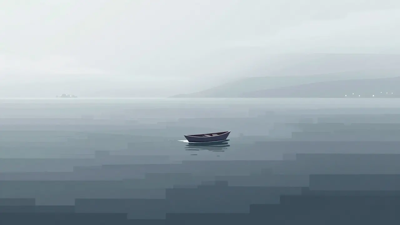 Small boat drifting on vast, empty pixelated ocean representing low liquidity