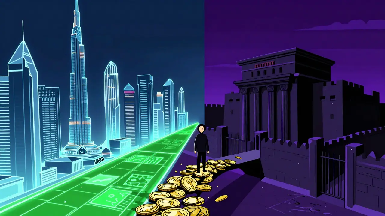 Split illustration showing regulated Dubai vs banned Qatar banking