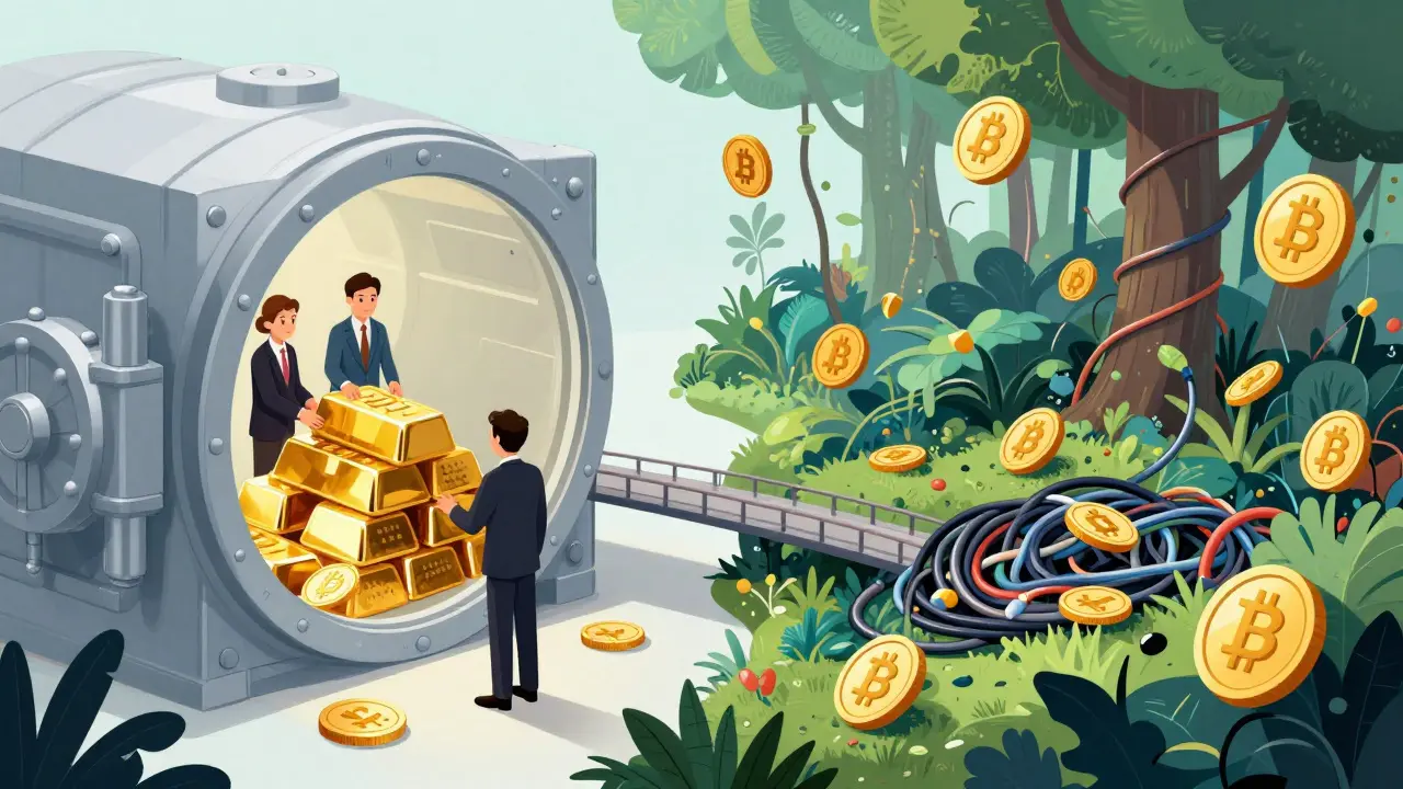 Split landscape showing sterile institutional vault vs wild DeFi jungle in surreal art.