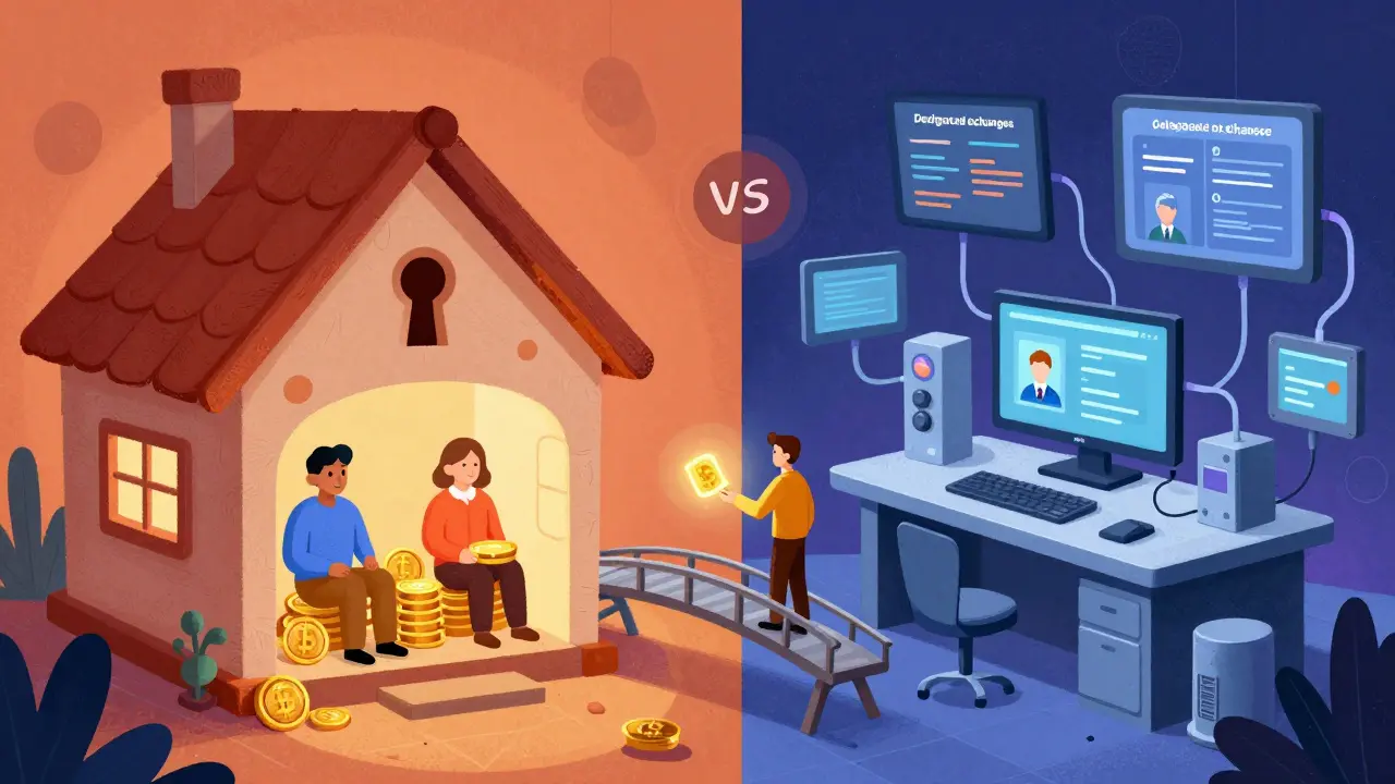 Split view of a simple house vs high-tech lab, connected by a bridge for asset transfer in cartoon style
