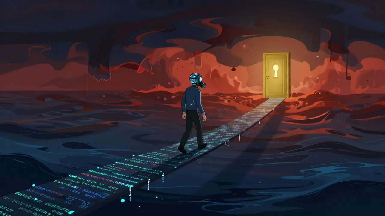 Surreal art of a figure crossing a code bridge over a volatile red sea