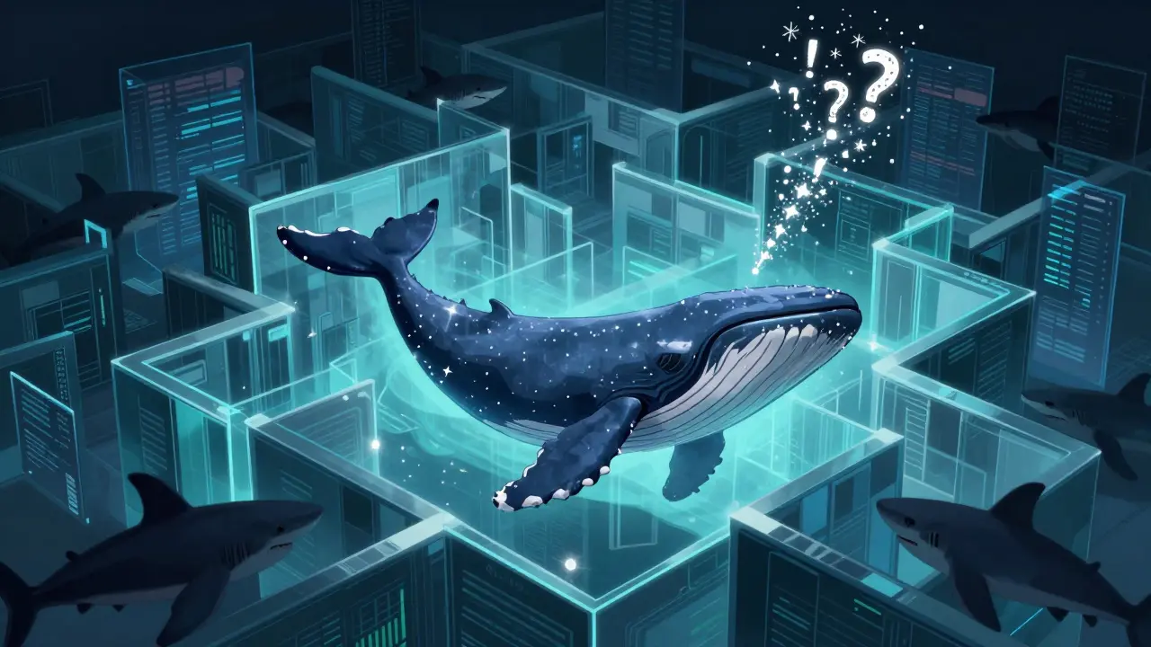 Surreal art of a whale navigating a glass maze with lurking shark shadows