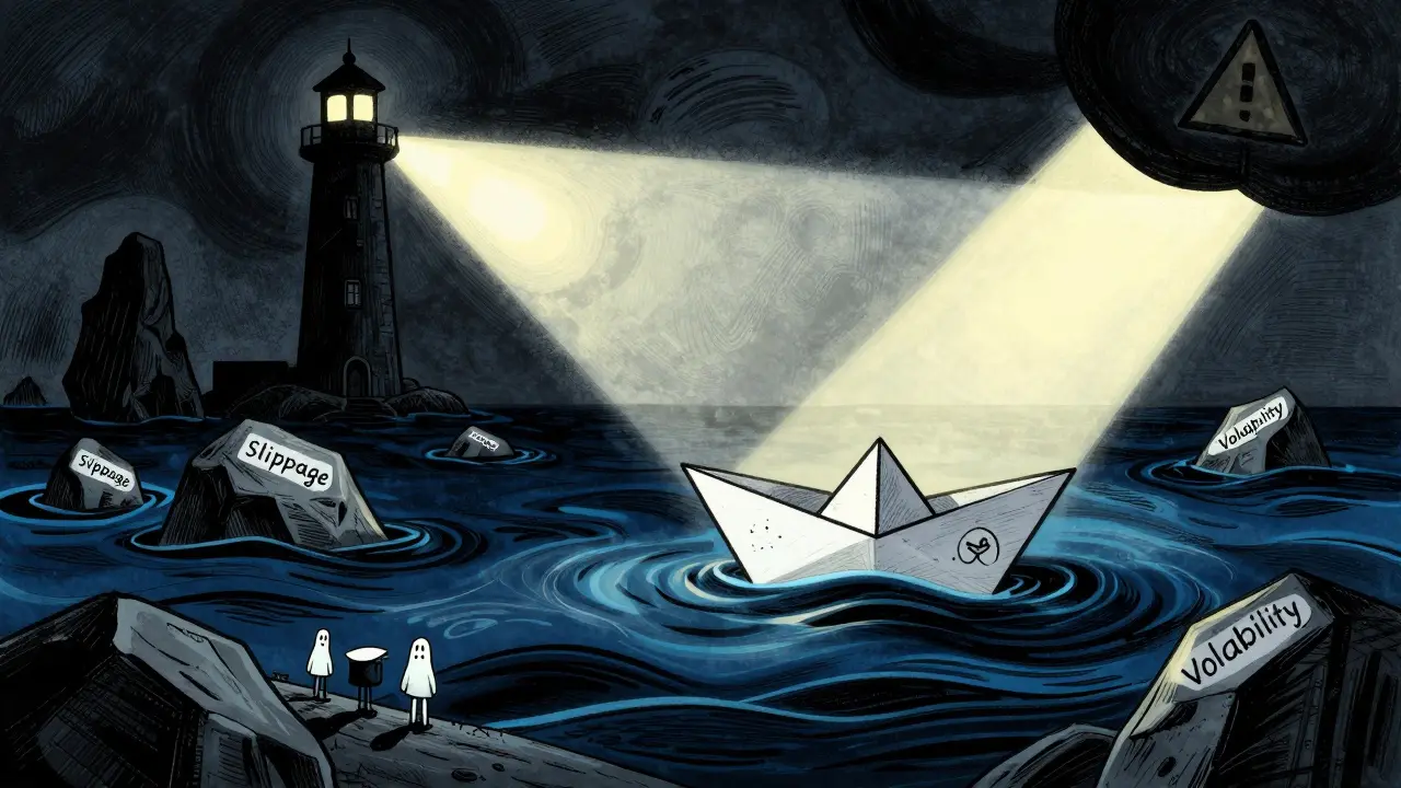 Surreal art of fragile boat navigating turbulent waters of slippage and volatility