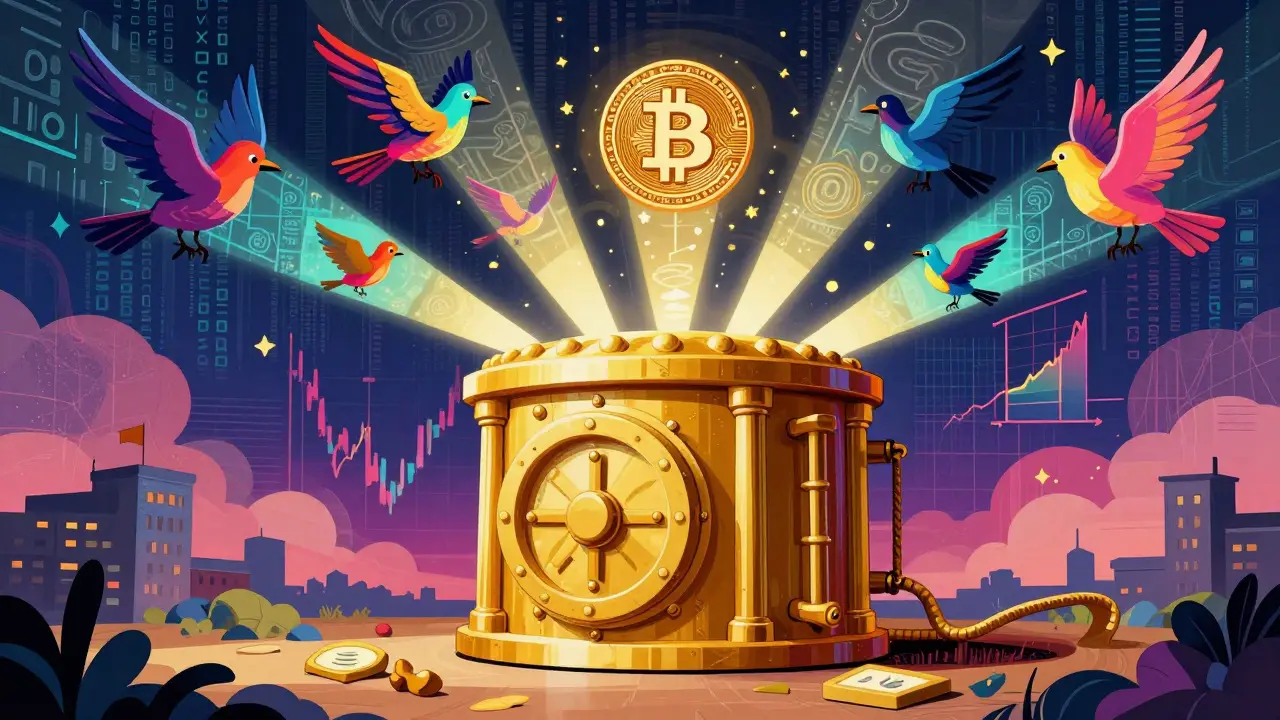 Surreal art of state vault blocking wild crypto birds in sky