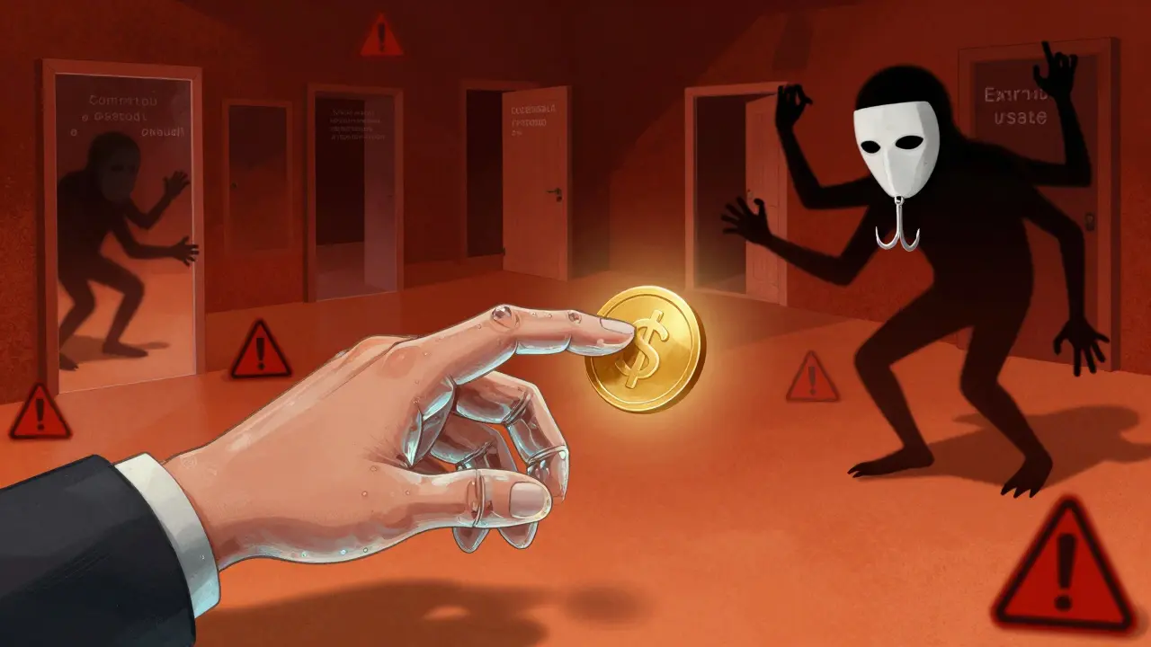 Surreal art showing a hand being tricked by a shadowy scammer with fake tokens.