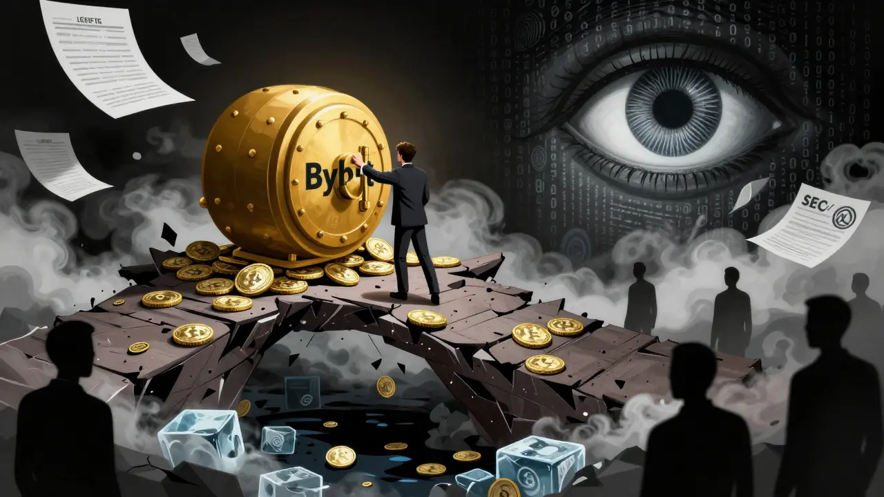 Surreal art showing a trader on a crumbling crypto bridge facing regulatory risks