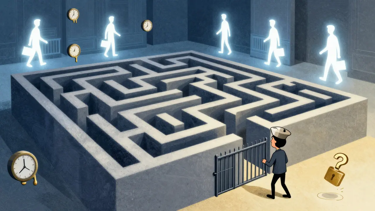 Surreal art showing retail traders struggling with complex regulatory mazes.