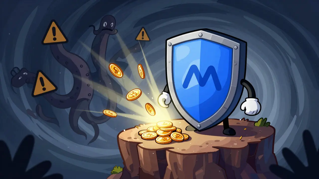 Surreal cartoon showing a wallet shield protecting crypto assets from shadows