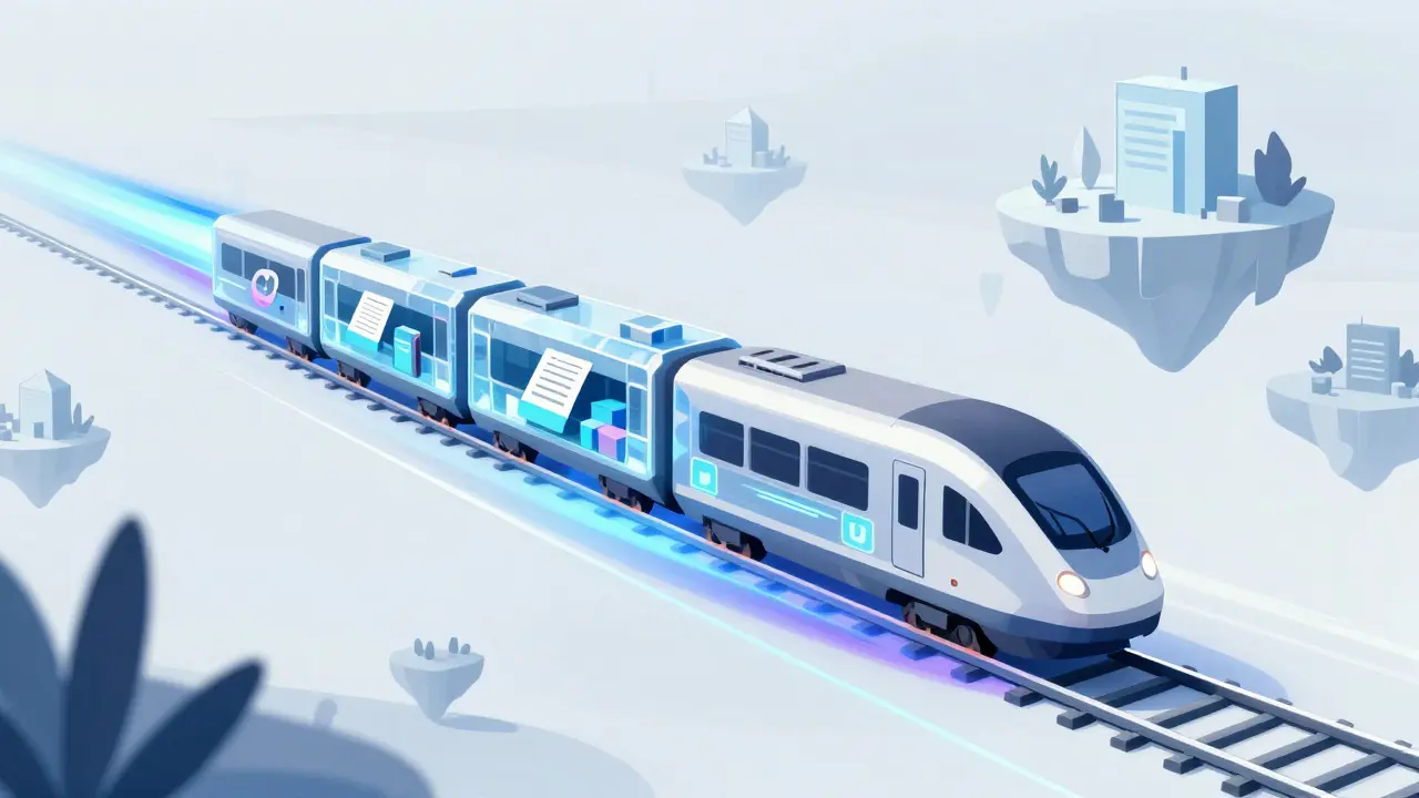 Surreal illustration of a crystal train speeding through a minimalist landscape, symbolizing fast transactions