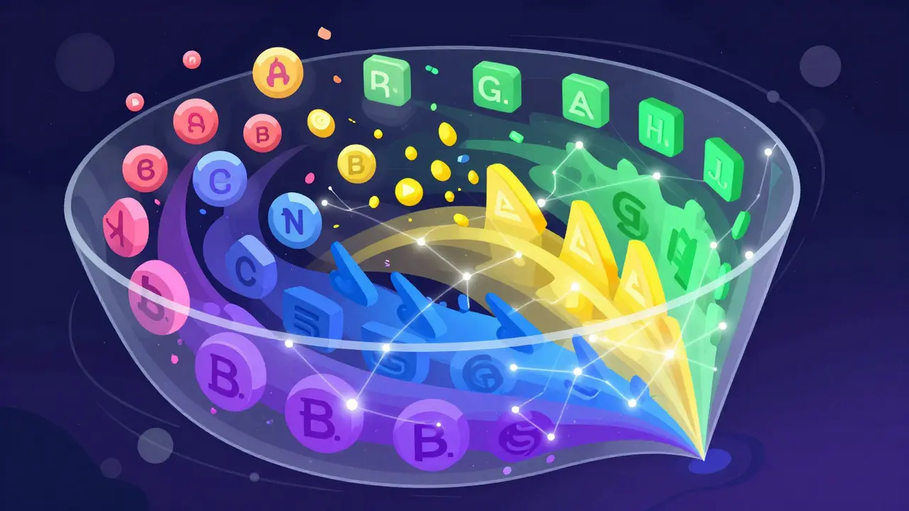 Surreal illustration of a mempool vortex sorting transactions via neural networks.