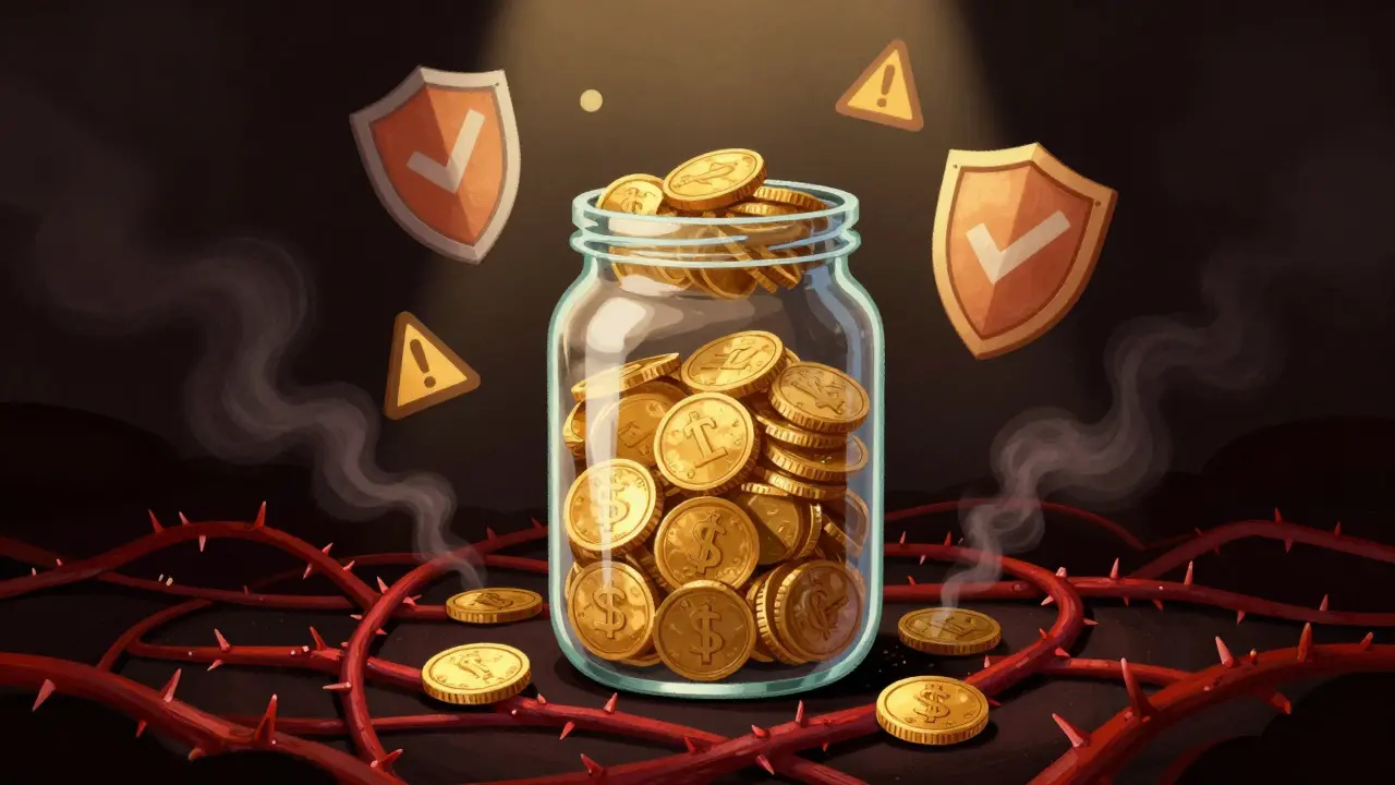 Surreal illustration of crypto coins with hidden risks and audit shields