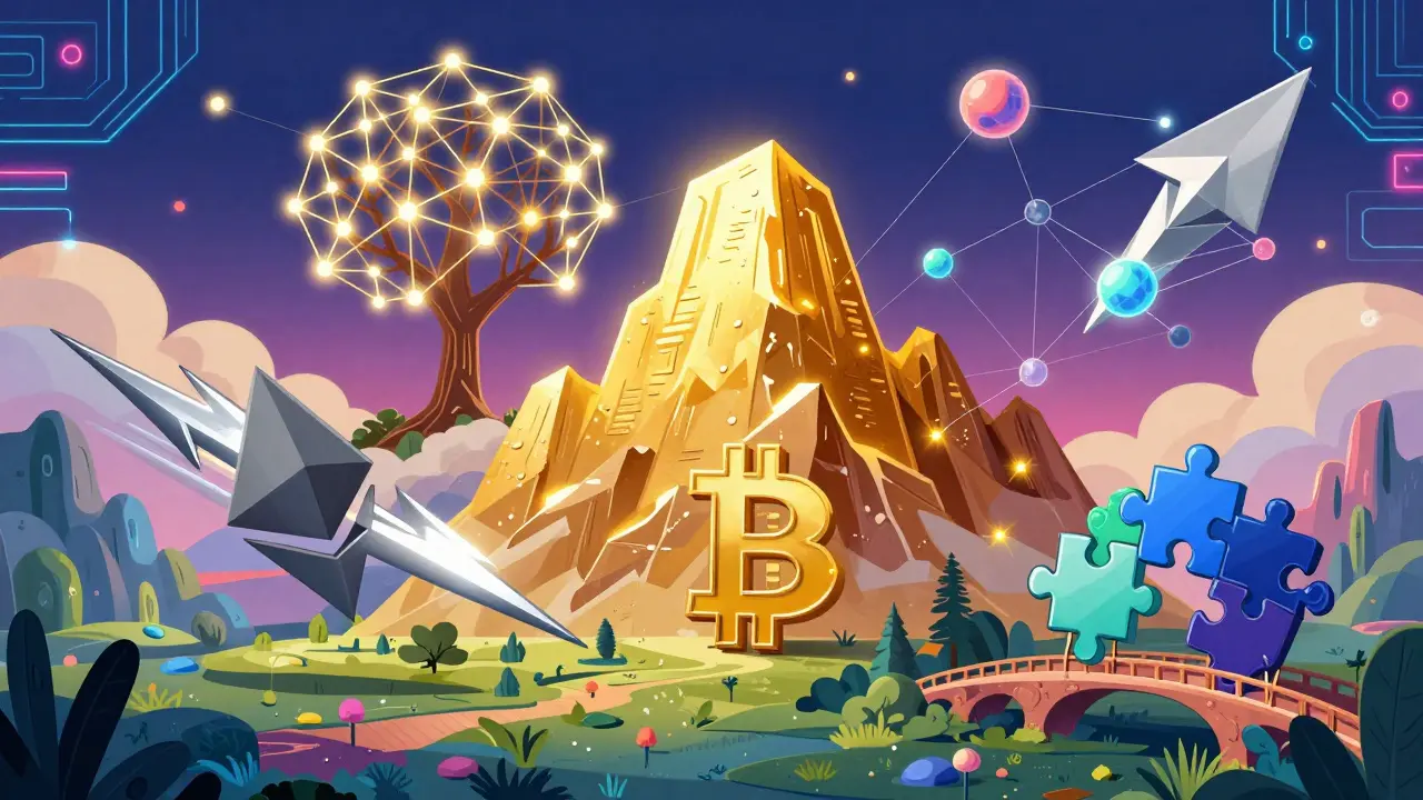 Surreal illustration of five crypto symbols as mountains, webs, and bridges