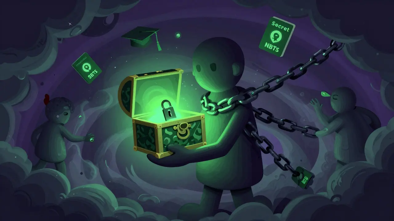Surreal illustration of non-transferable soulbound tokens securing identity