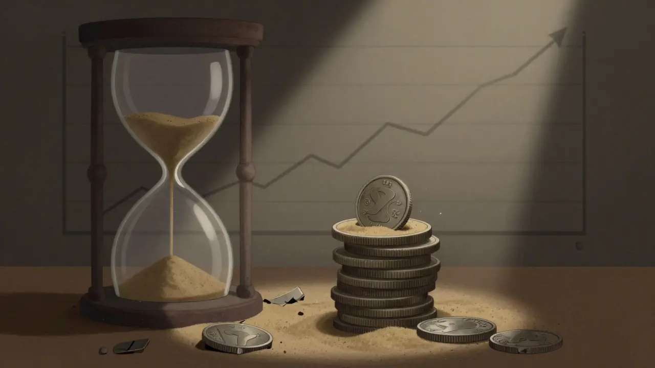 Tiny dull coin on hourglass pedestal representing low value and wasted time in crypto