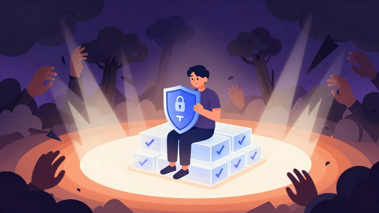 User protected by a glowing shield on a stable platform against a storm of dark, grasping scam hands.