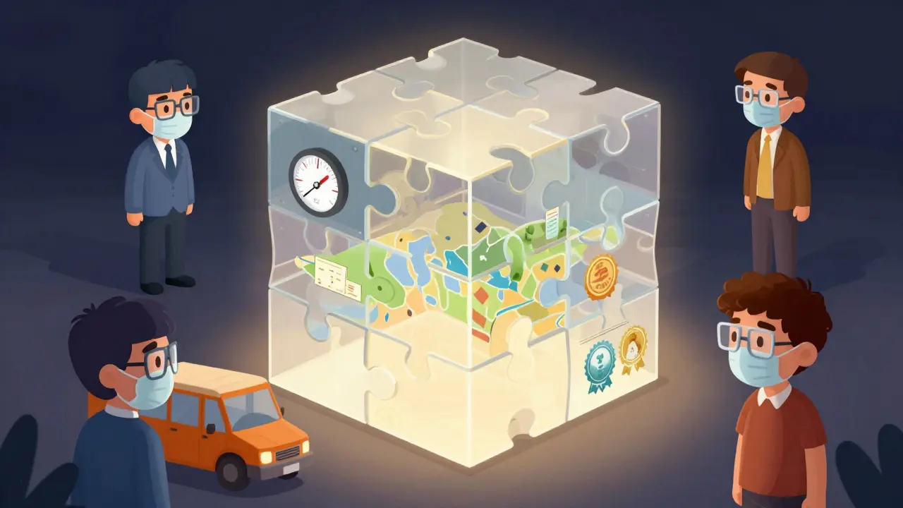 Whimsical art showing a layered puzzle box where different users see only their specific data layers