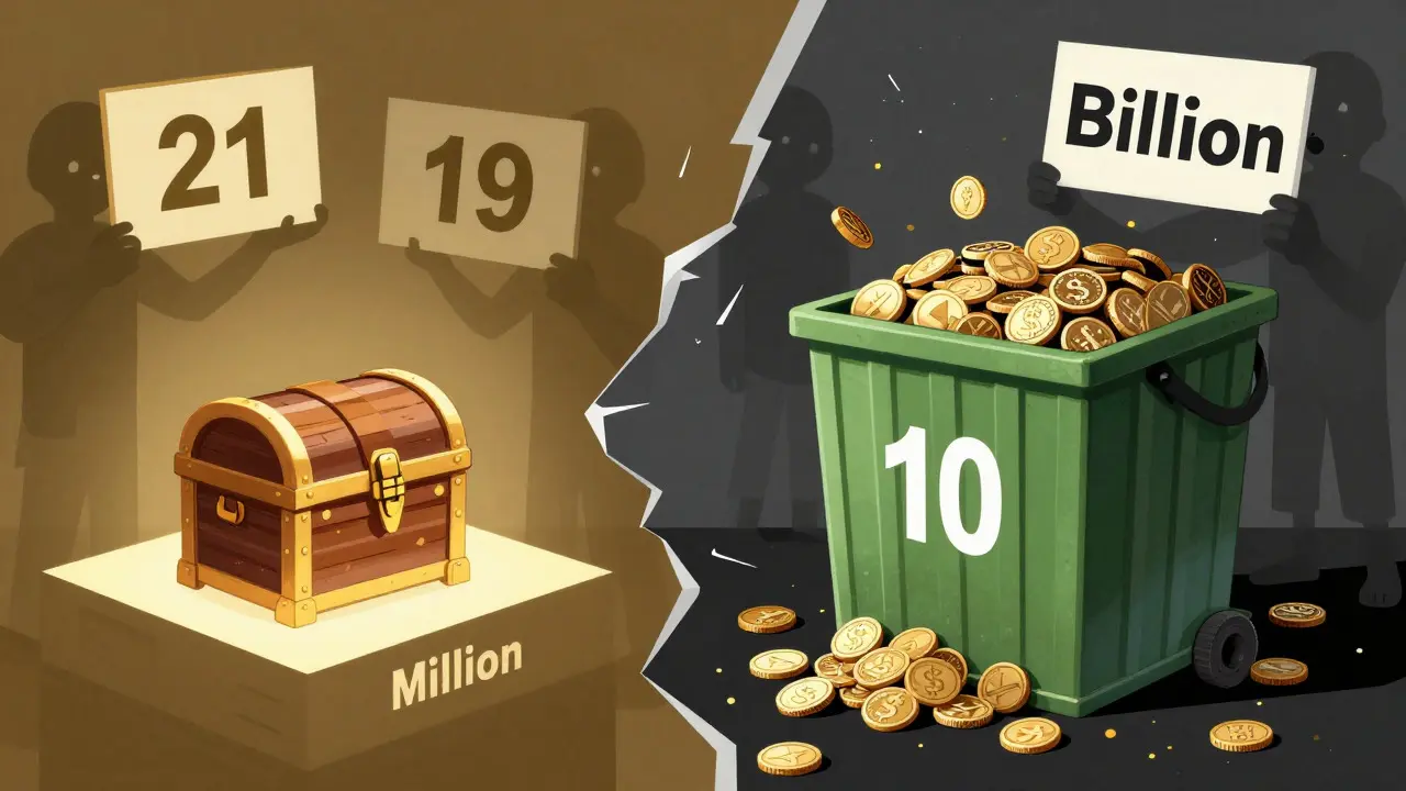 Abstract art comparing 21 million vs 10 billion supply claims for Changcoin