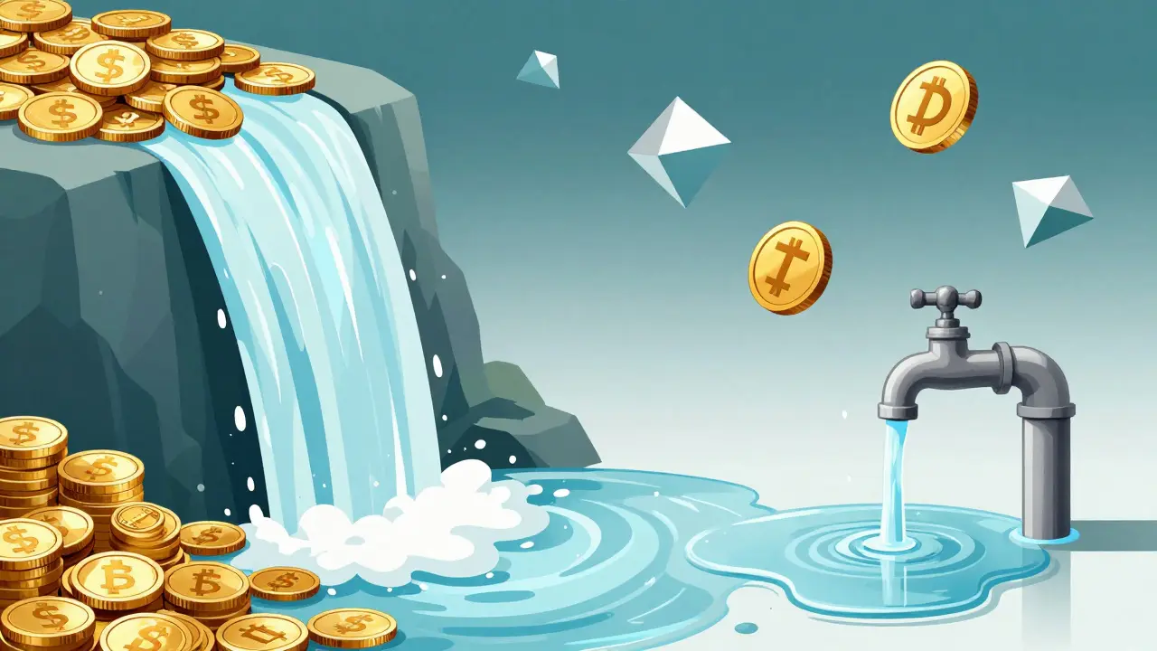 Abstract art contrasting a massive coin waterfall with a tiny trickle, showing low liquidity