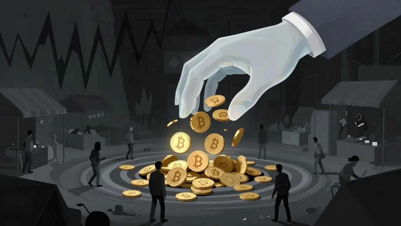 Abstract art of Central Bank hand trying to catch leaking gold coins