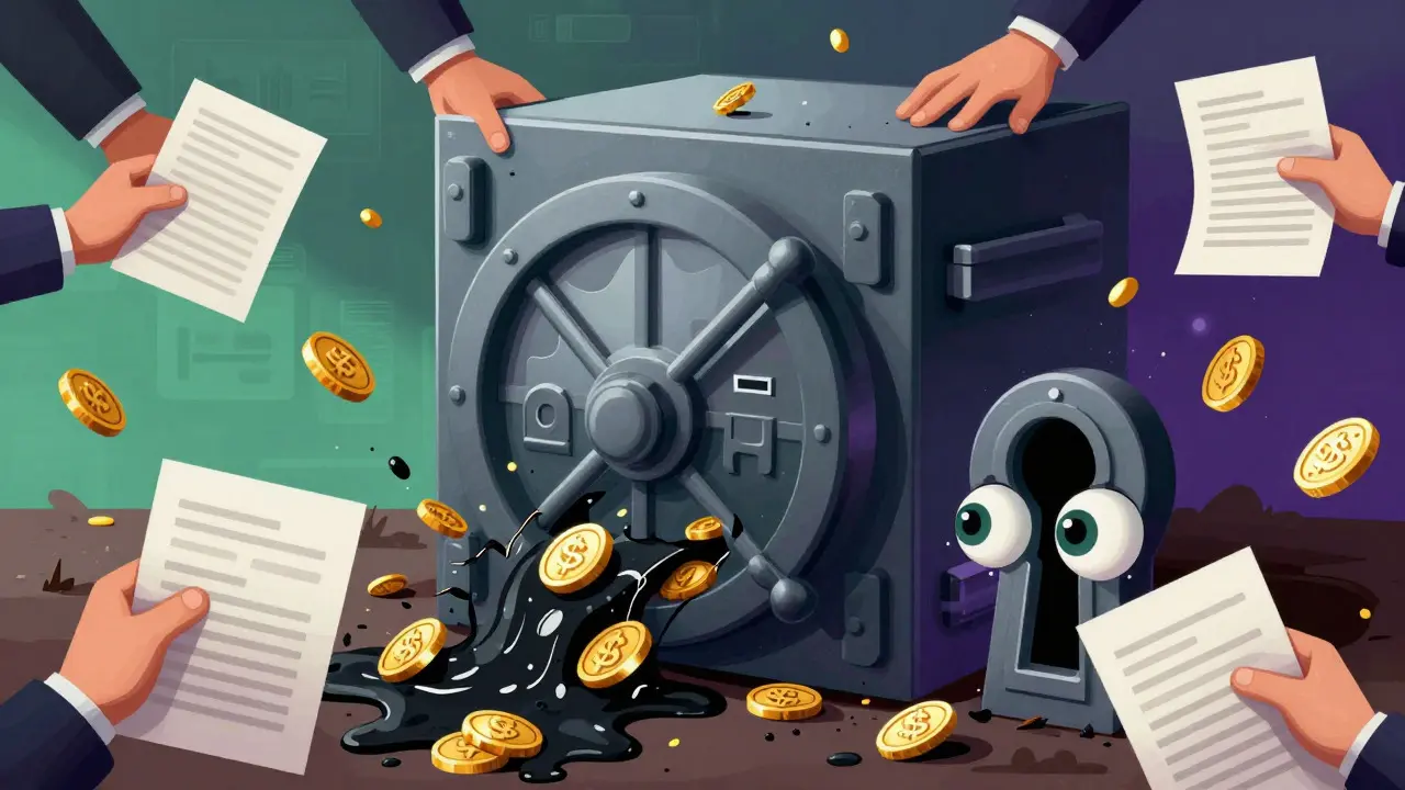Abstract art showing a breached digital vault with leaking gold, watched by giant eyes, symbolizing the OKX fine.