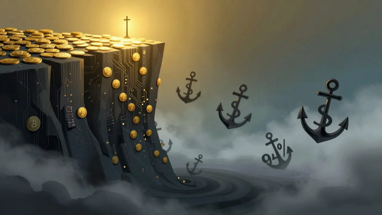 Abstract art showing a steep cliff of digital coins falling into darkness, symbolizing price volatility.