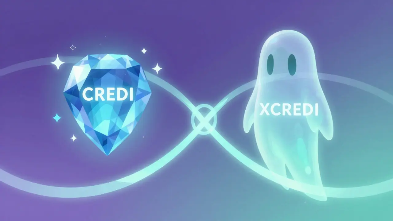 Abstract art showing CREDI and xCREDI token relationship and staking