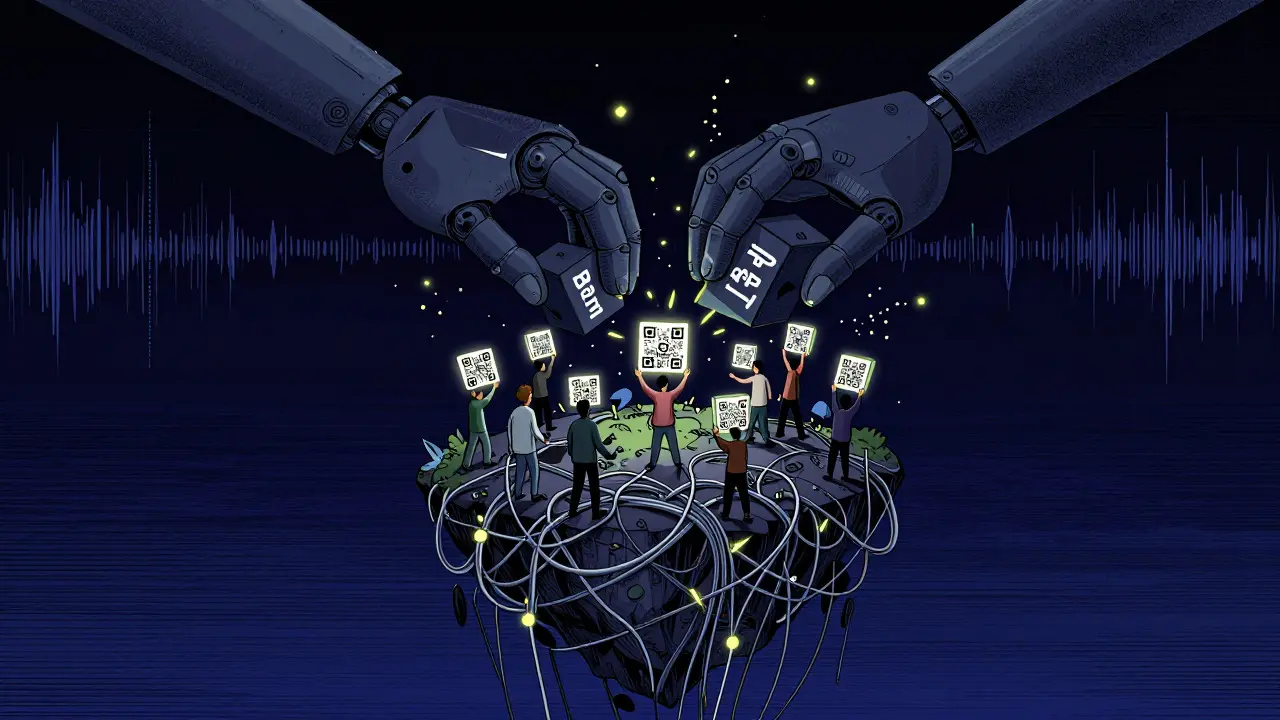 Abstract art showing people resisting internet blackouts with digital connections