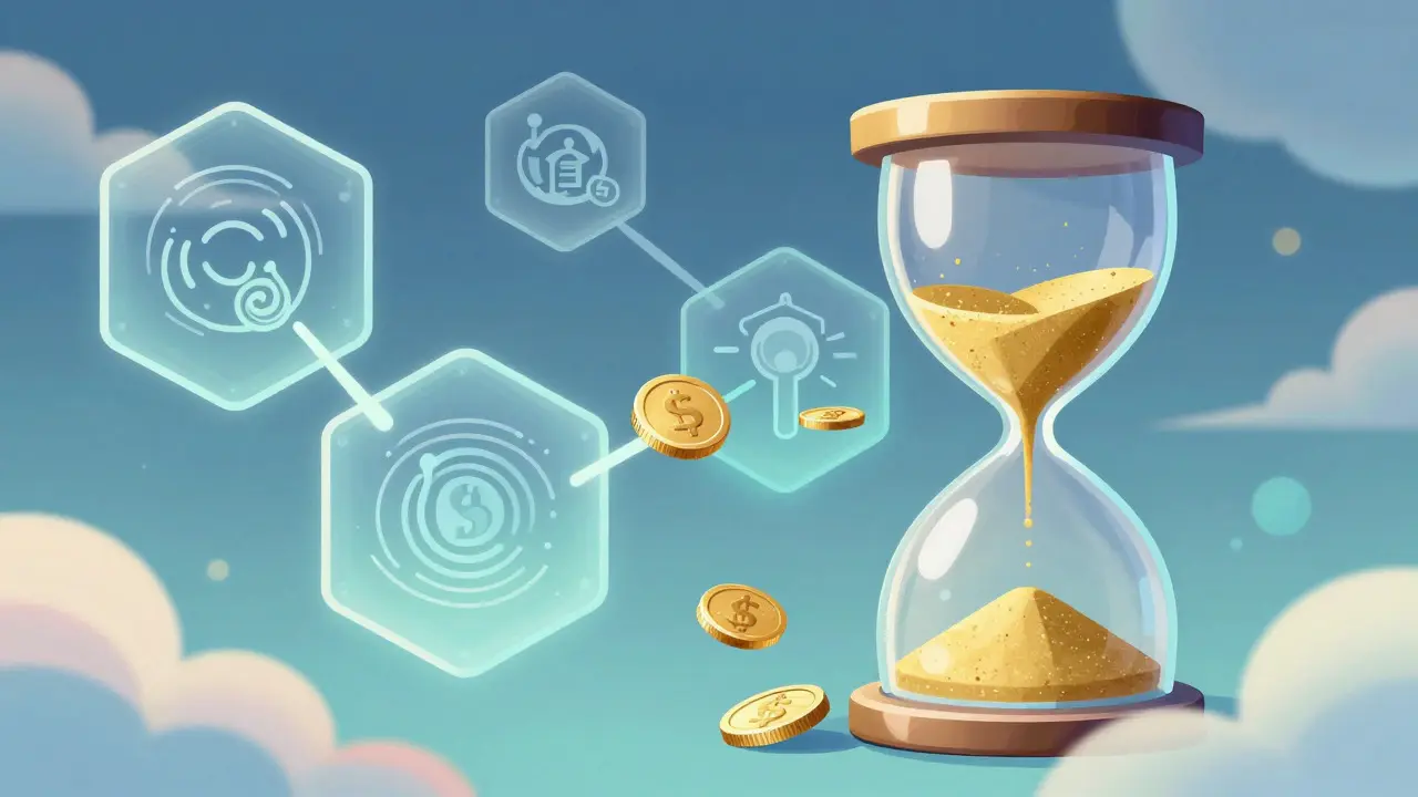 Abstract hexagonal blockchain blocks and hourglass symbolizing tokenomics and vesting
