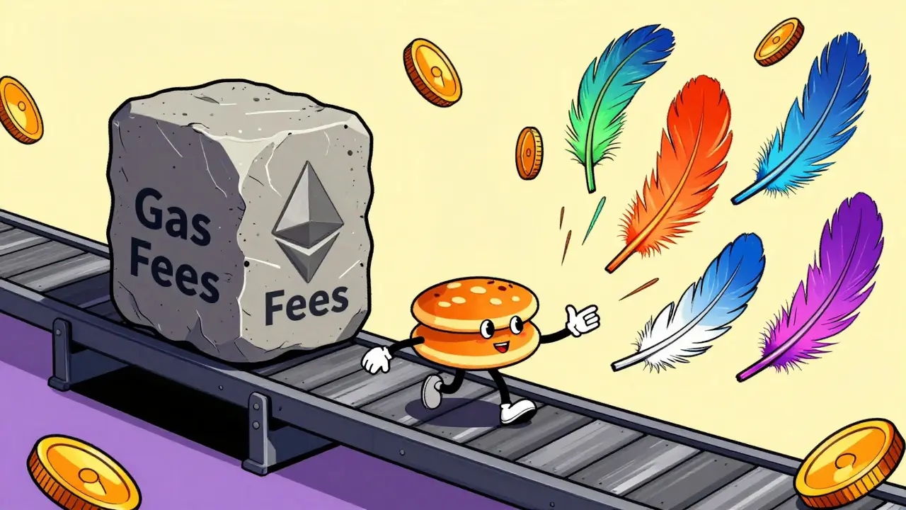 Abstract illustration comparing heavy Ethereum gas fees to light BSC transactions