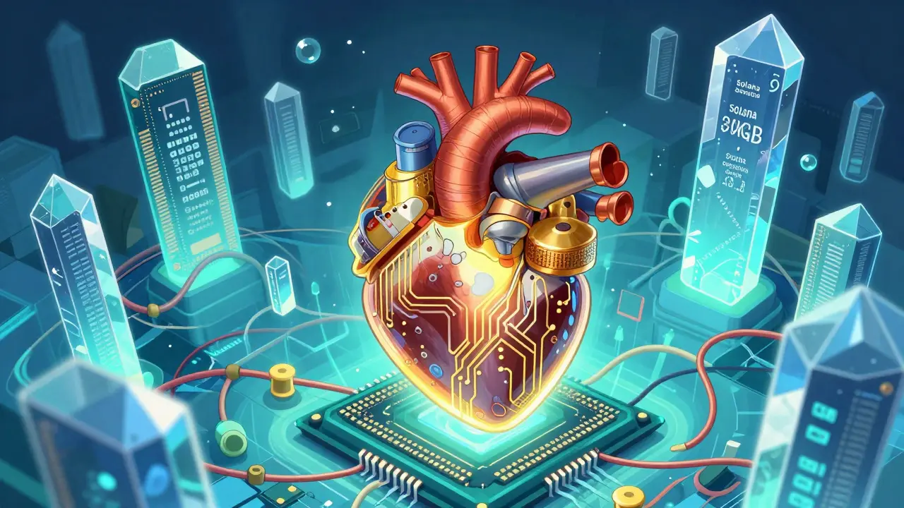 Abstract illustration of a CPU heart surrounded by giant RAM crystals.