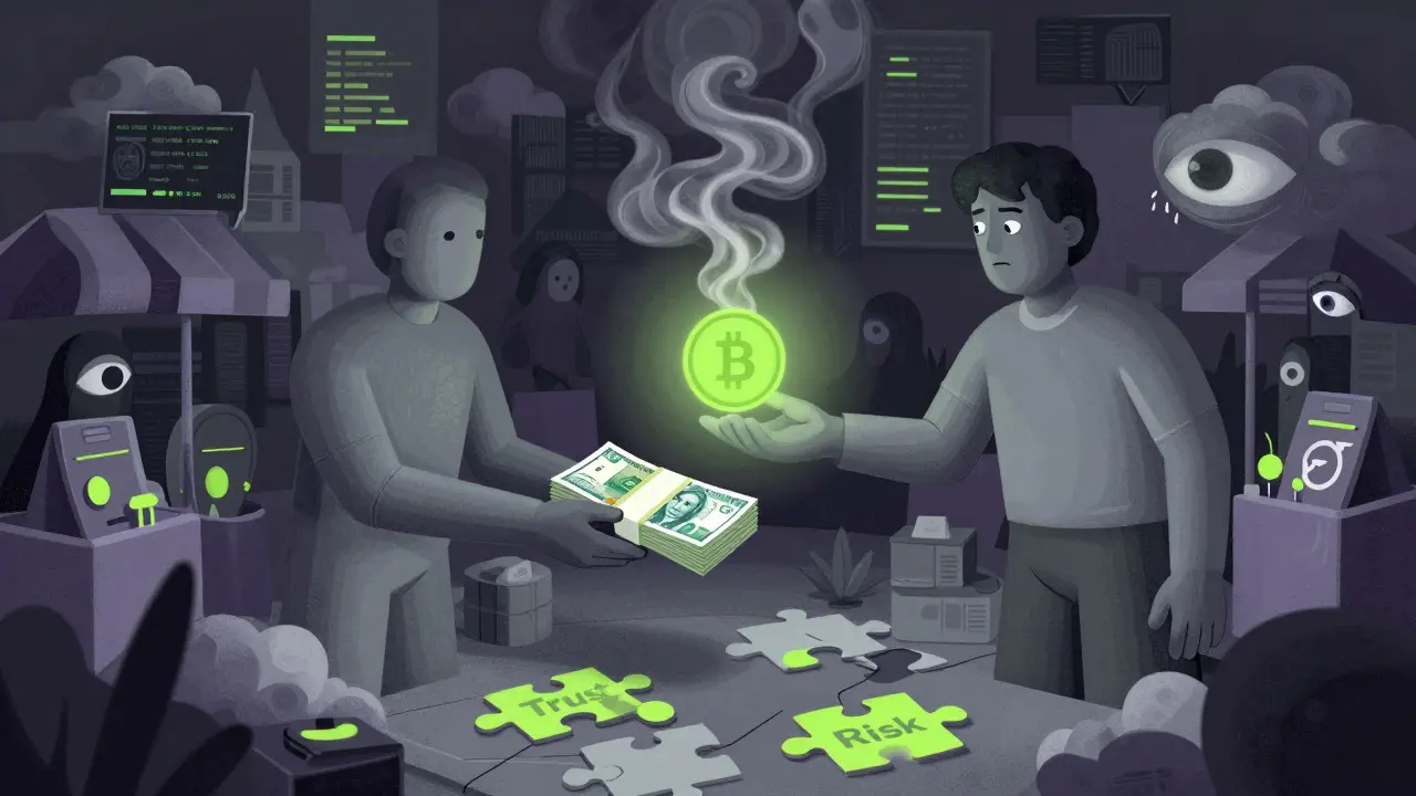 Abstract illustration of P2P crypto trade with rubles turning to smoke and neon tokens