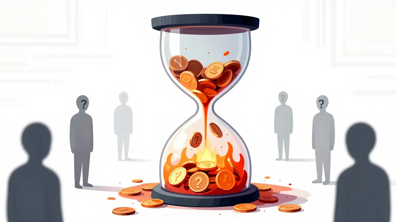 Abstract illustration of tokens burning in a vortex surrounded by anonymous trader figures