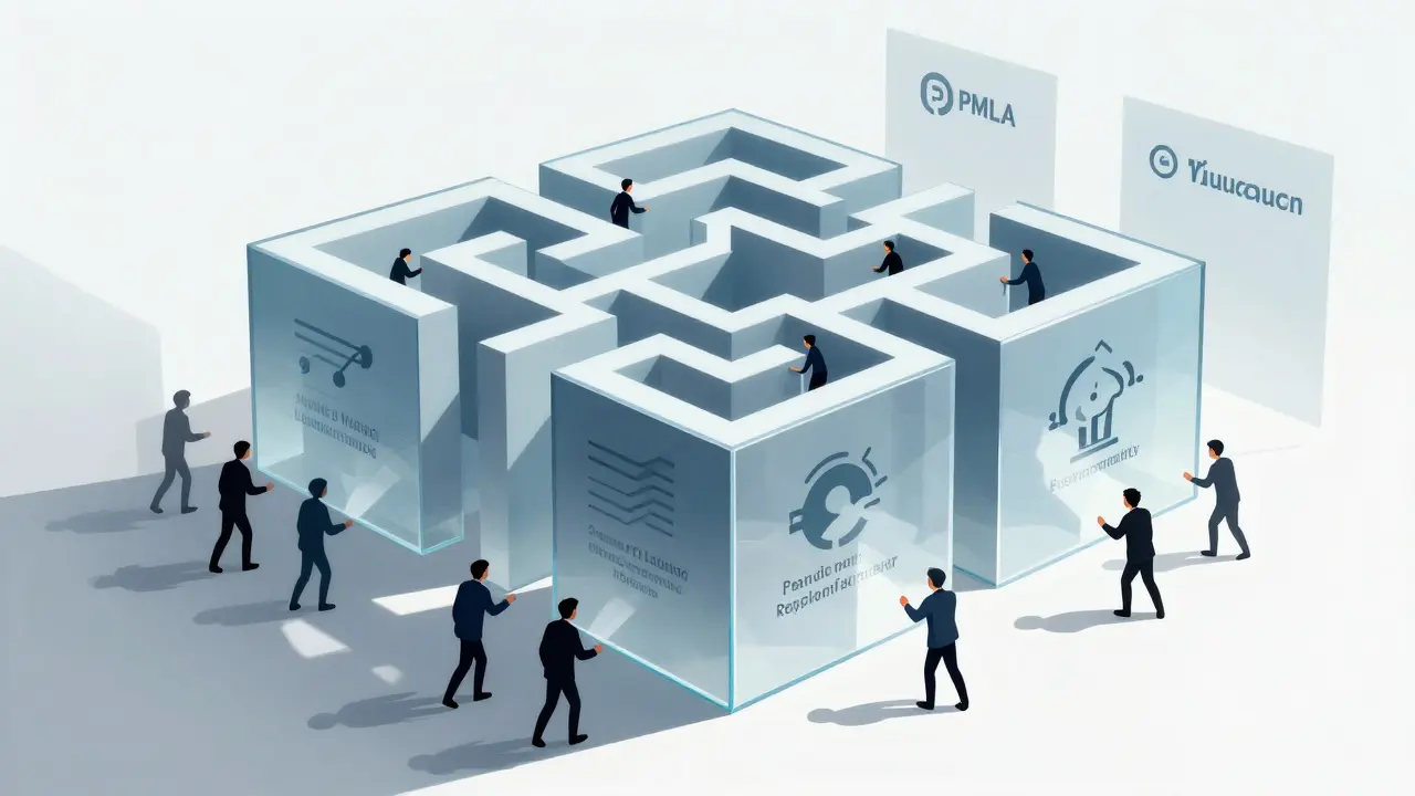 Abstract illustration of traders trapped in a glass regulatory maze