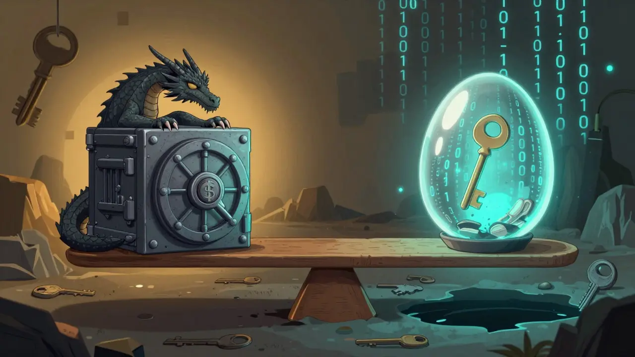 Balance scale comparing bank vault security vs fragile crypto keys