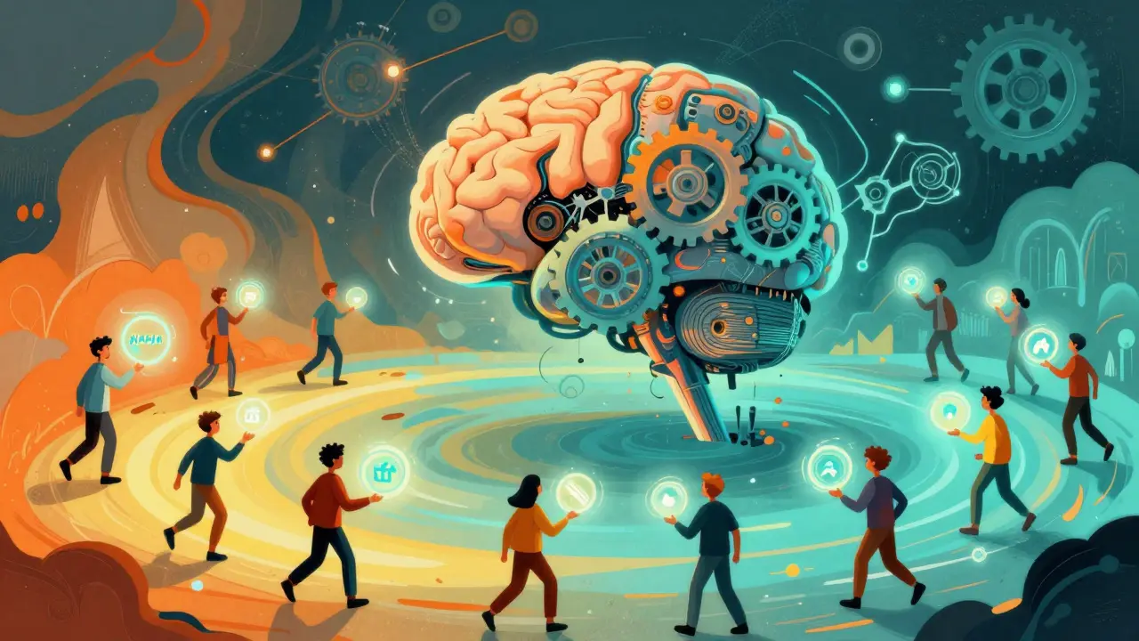Cartoon avatars feeding data orbs into a mechanical neural network brain
