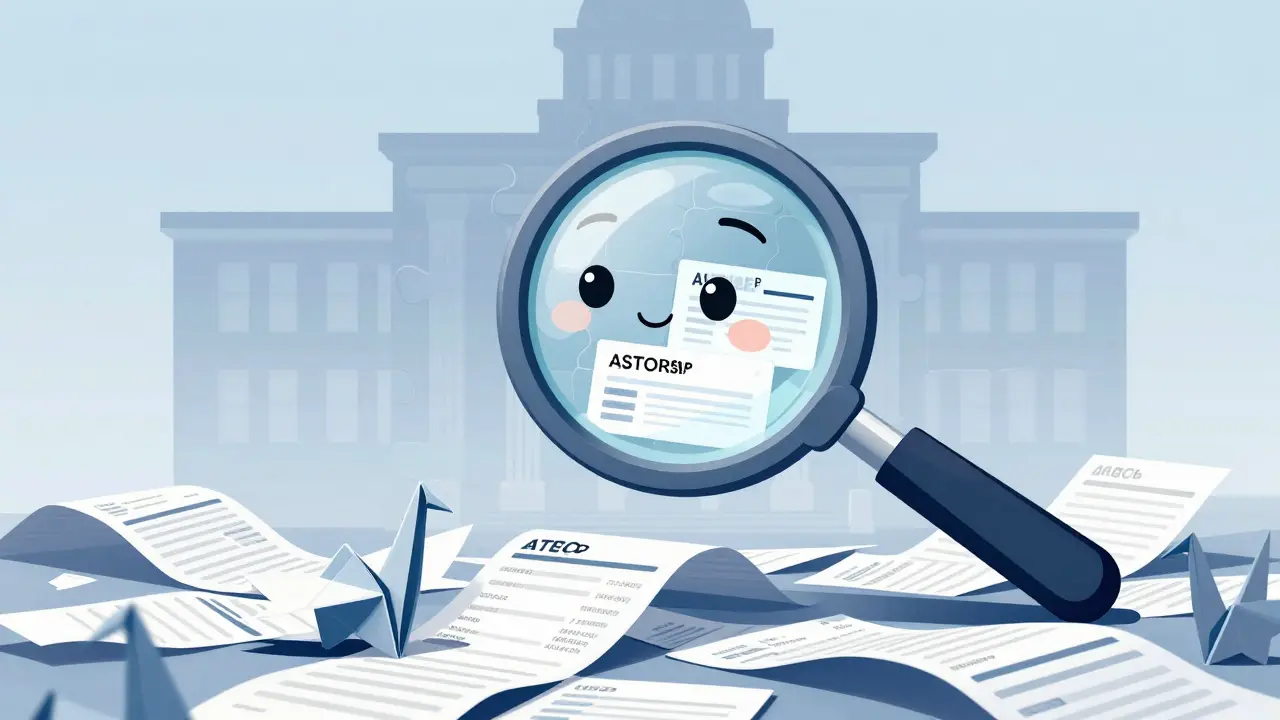 Cartoon magnifying glass inspecting origami crypto transaction records