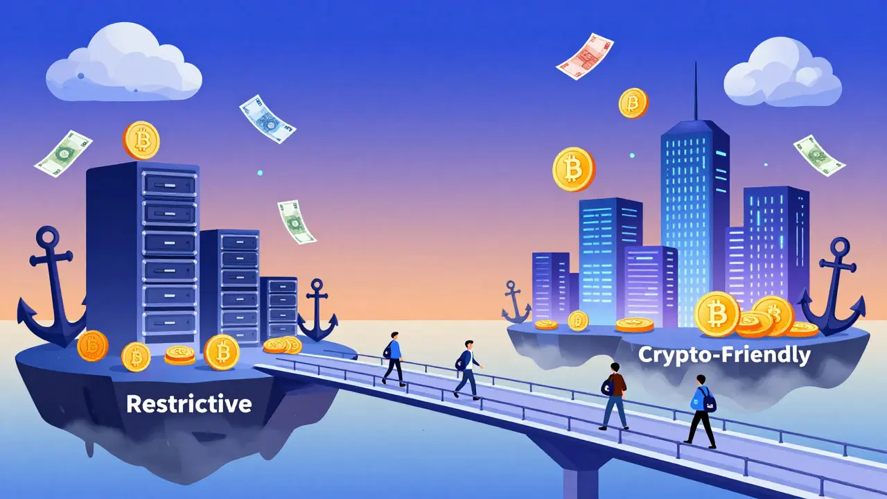 Cartoon style cityscape with crypto-shaped buildings, raining tax forms, and a bridge connecting restrictive and friendly zones.