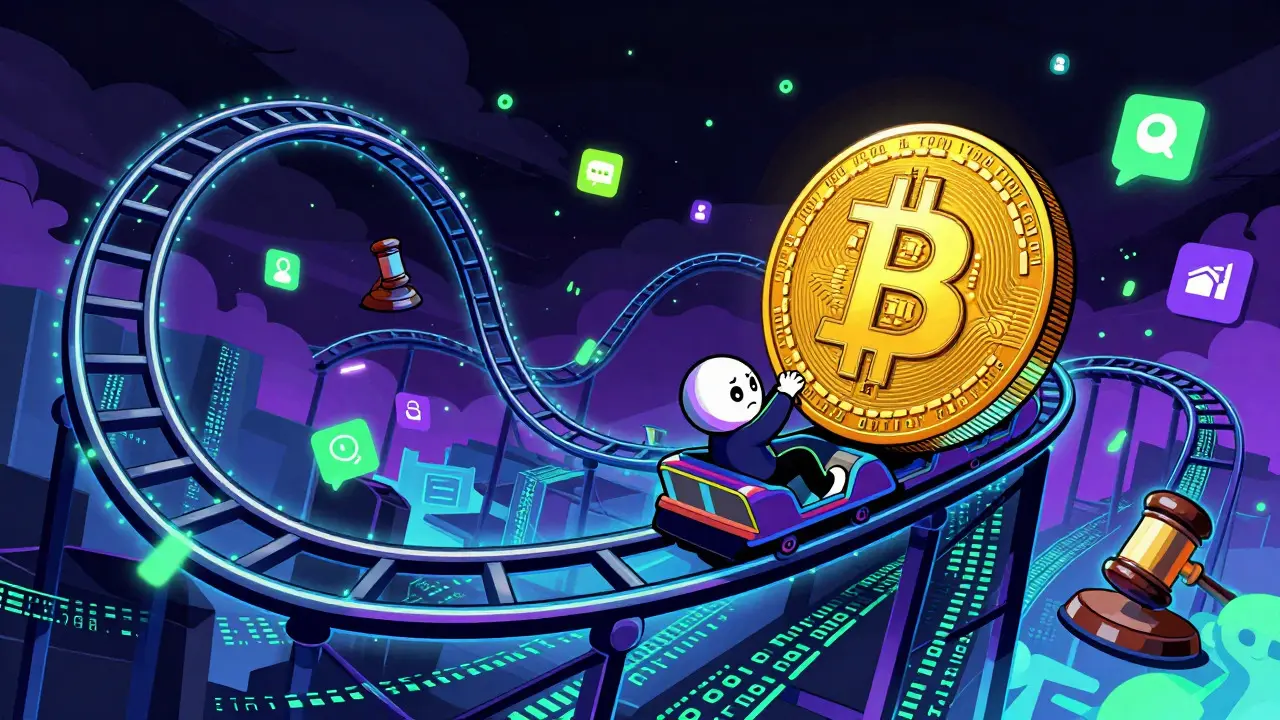 Character on a volatile crypto rollercoaster amidst digital chaos