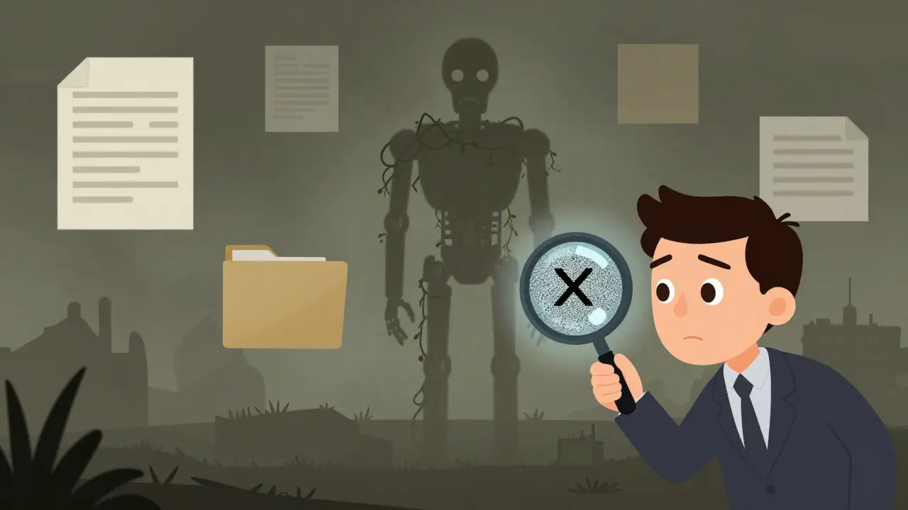 Dusty zombie AI statue with blank documents in a foggy landscape