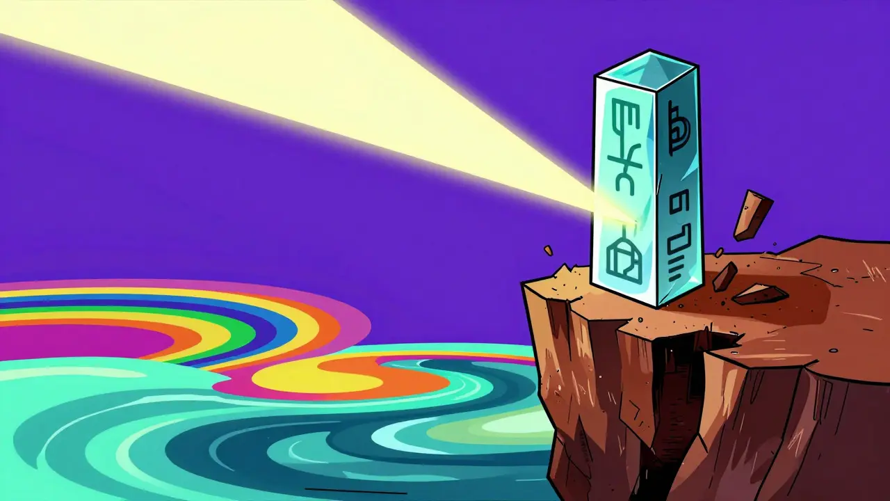 Fragile glass tower on a cliff edge above a turbulent, colorful abstract sea